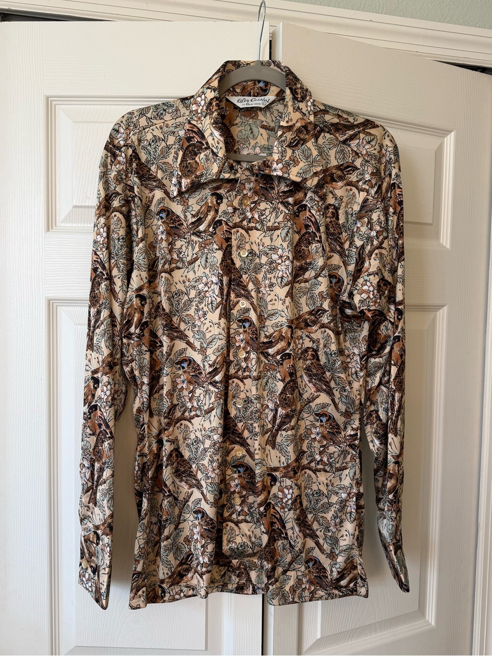 Vintage 1970s Oleg Cassini x Burma Disco Shirt Bird Print Button-Up L Excellent - Picture 4 of 4